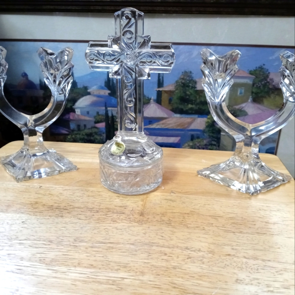 Princess House👸Germany🔮Cross&Dish 🇩🇪 Mikasa Crystal Set Candle Holder.